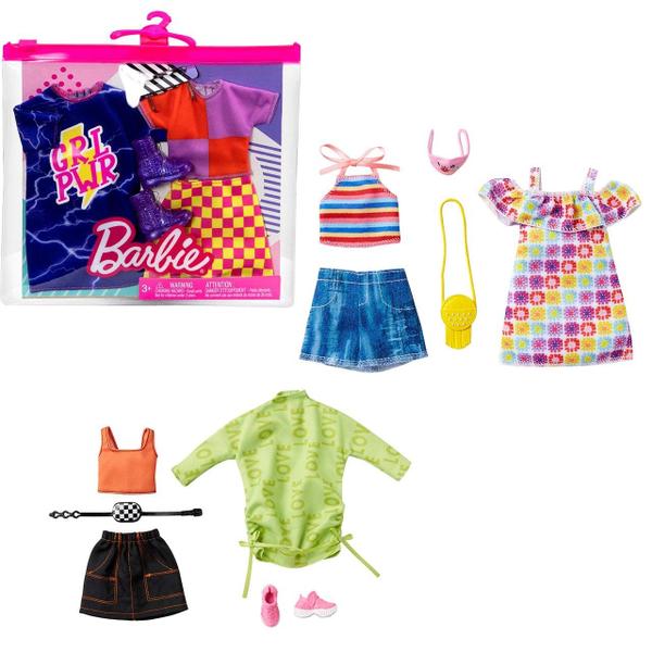 Imagem de Conjunto de roupas Barbie Fashions, 2 roupas, boneca, inclui vestido com estampa de borboleta com ombros descobertos, regata borboleta e shorts azuis e 2 acessórios, presente para crianças de 3 a 8 anos