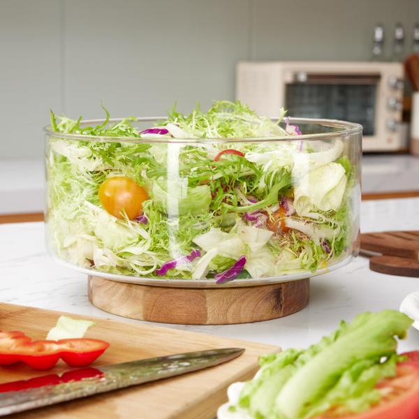 Imagem de Conjunto de saladeiras HouseJoy de vidro grande com base de madeira de acácia