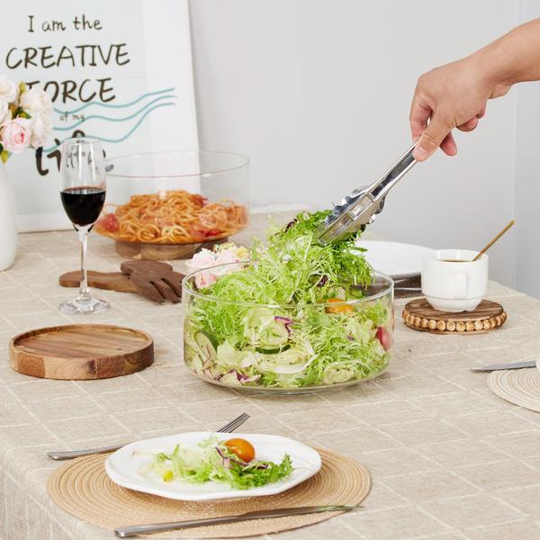 Imagem de Conjunto de saladeiras HouseJoy de vidro grande com base de madeira de acácia