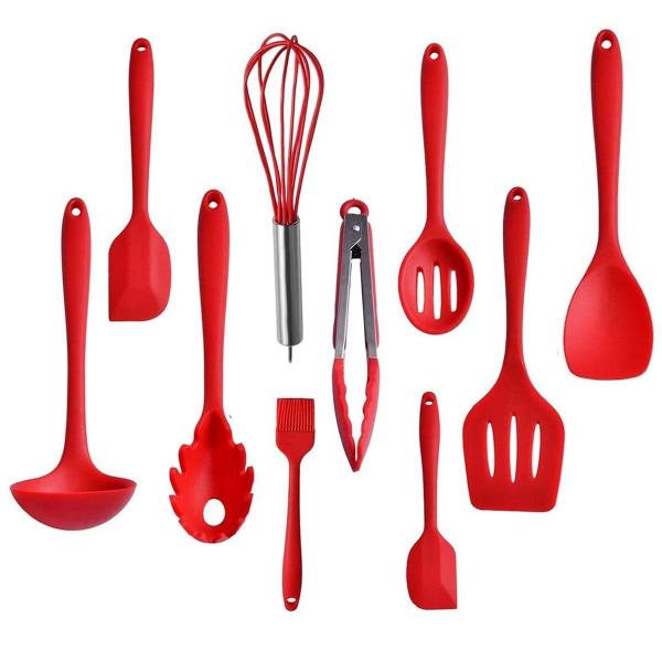 Imagem de Conjunto de Silicone Cozinha 10 Peças Utensilios Preparo Refeiçao Espatula Fouet Colher Escumadeira Flexivel Resistente