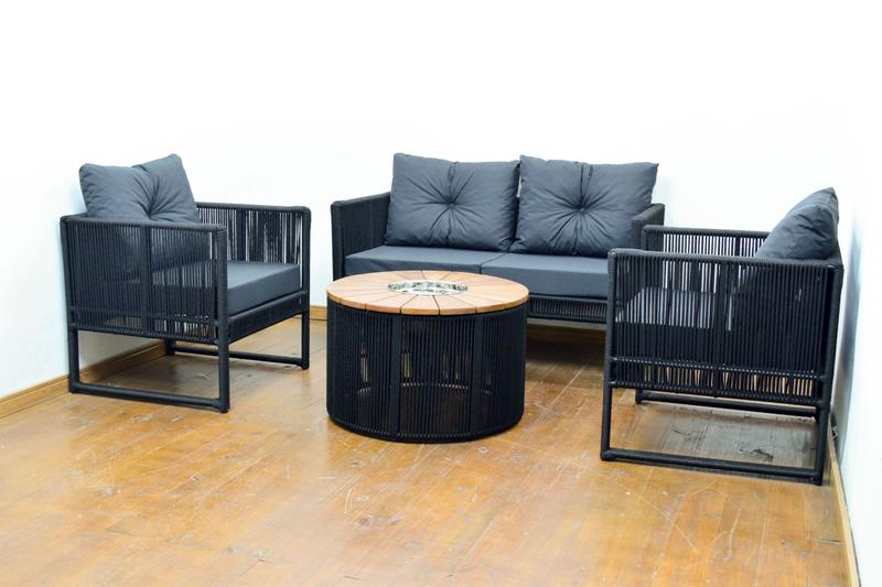 Imagem de Conjunto de sofá 2L + 2 poltronas + Mesa de centro redondo grande 90cm em madeira Cumaru - material corda náutica para varandas, sacadas e jardins.