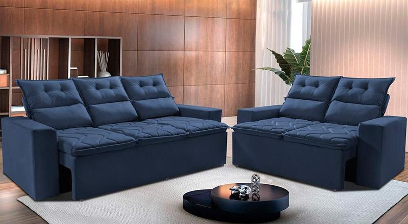 Imagem de Conjunto de Sofá 3 e 2 Lugares Retrátil e Reclinável 2,00x1,50m Cama inBox Smal Suede Azul