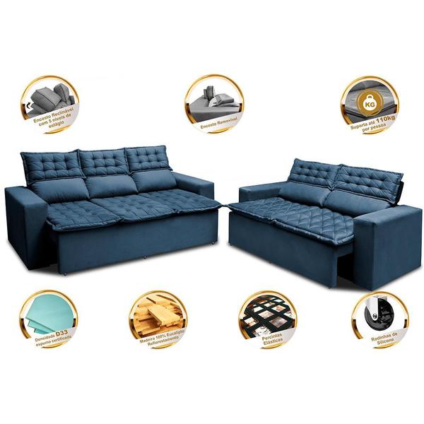 Imagem de Conjunto de Sofá 3 e 2 Lugares Retrátil e Reclinável Cama inBox Slim 2,00x1,50m Velusoft Azul