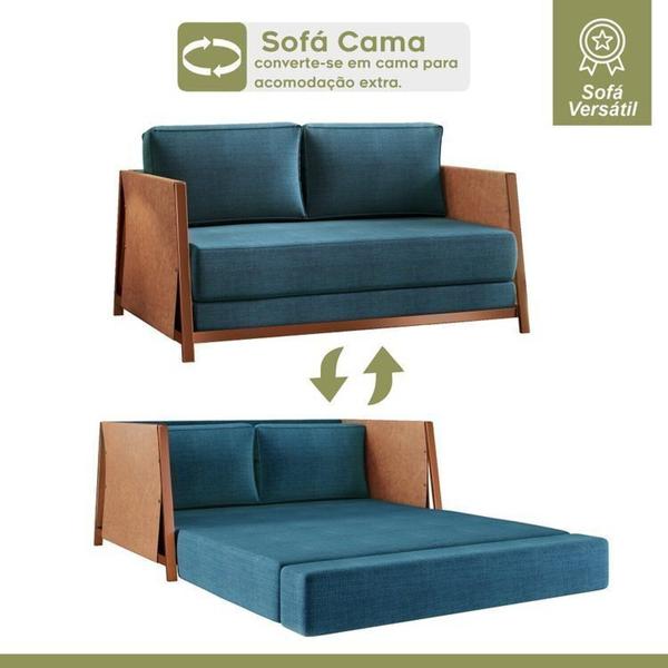 Imagem de Conjunto de Sofá Cama com 2 Poltronas em Linho Cobre/Jeans Azul