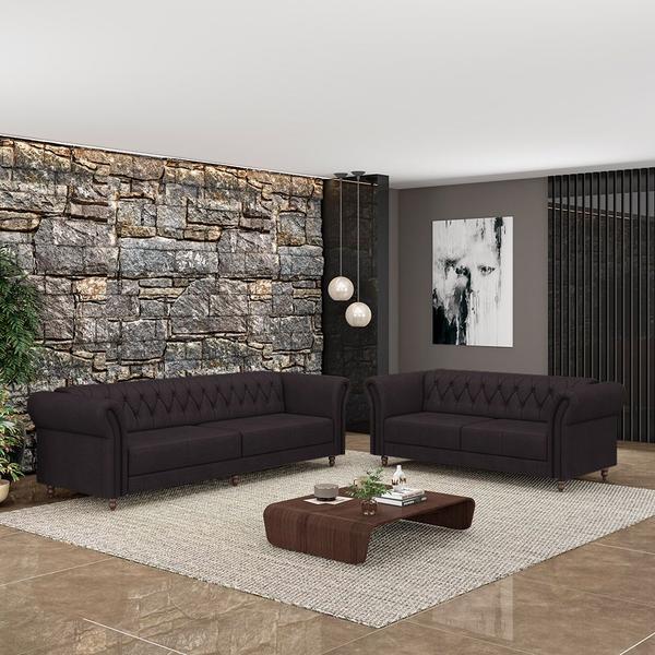 Imagem de Conjunto de Sofá Sala de Estar Stanford Chesterfield 2 e 3 Lugares 180cm/260cm Pés Madeira Couro Borgonha G58 - Gran Belo