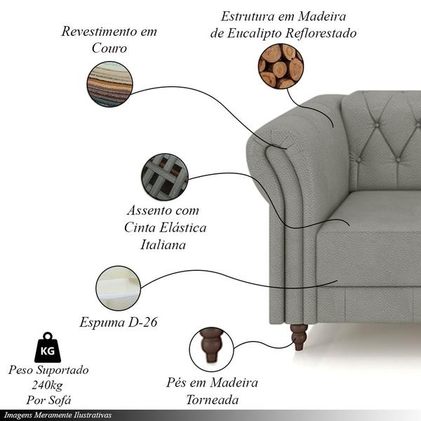 Imagem de Conjunto de Sofá Sala de Estar Stanford Chesterfield 2 e 3 Lugares 180cm/260cm Pés Madeira Couro Cinza G58 - Gran Belo