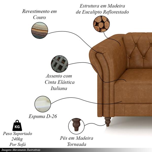 Imagem de Conjunto de Sofá Sala de Estar Stanford Chesterfield 2 e 3 Lugares 180cm/260cm Pés Madeira Couro Mel Manchado G58 - Gran Belo