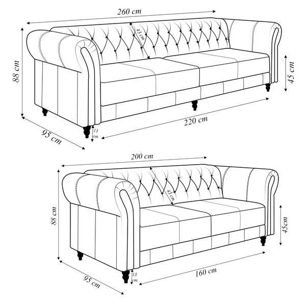 Imagem de Conjunto de Sofá Sala de Estar Stanford Chesterfield 2 e 3 Lugares 200cm/260cm Pés Madeira Couro Marrom Manchado G58 - Gran Belo