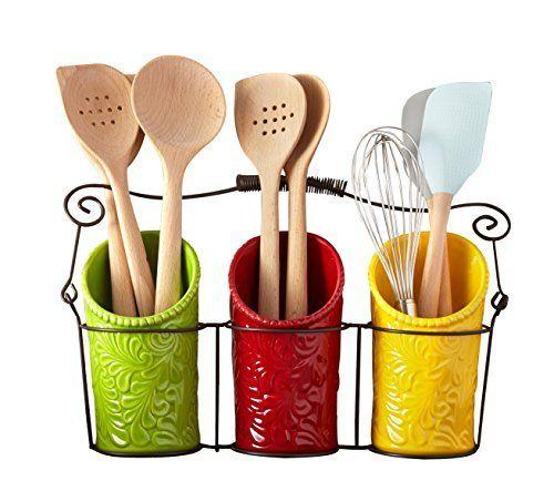 Imagem de Conjunto de suporte de utensílios de cozinha (4 peças) - 3 Crocks de cerâmica e 1 caddy de fio portátil - Multi-Color