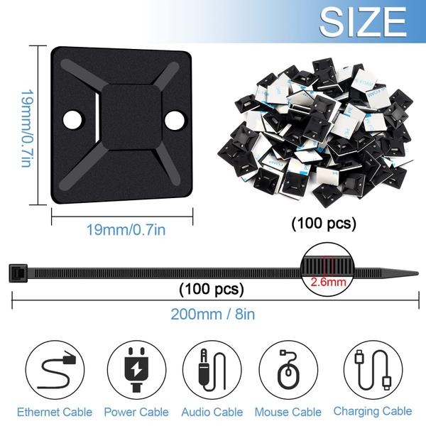 Imagem de Conjunto de suportes autoadesivos Cable Tie Zip SeuyeugX Black x100