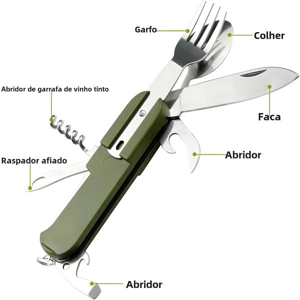 Imagem de Conjunto de Talheres 7 em 1 de Aço Inoxidável - Garfo, Colher e Faca Dobráveis para Camping