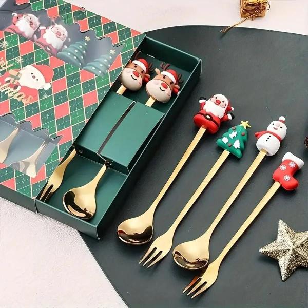 Conjunto de Talheres de Natal em Aço Inoxidável - 2/4/6 Peças - Design Criativo Imagem de Conjunto de Talheres de Natal em Aço Inoxidável - 2/4/6 Peças - Design Criativo