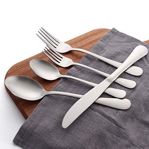 Imagem de Conjunto de talheres de prata LIANYU 20 Peça, Conjunto de talheres de prata matte para 4, conjunto de talheres de aço inoxidável, utensílios de cozinha para festa de restaurante doméstico, acabamento de cetim, cofre de lava-louças