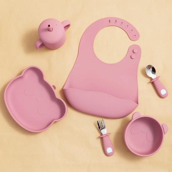 Imagem de Conjunto de Talheres de Silicone para Bebê com Desenho de Urso - Colher e Garfo em Aço Inoxidável (BPA Free)