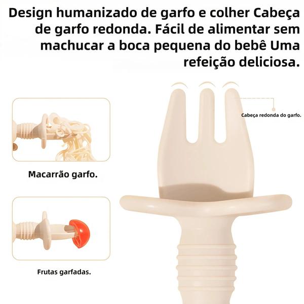 Imagem de Conjunto de Talheres de Silicone para Bebês - Garfo e Colher com Cabo de Madeira