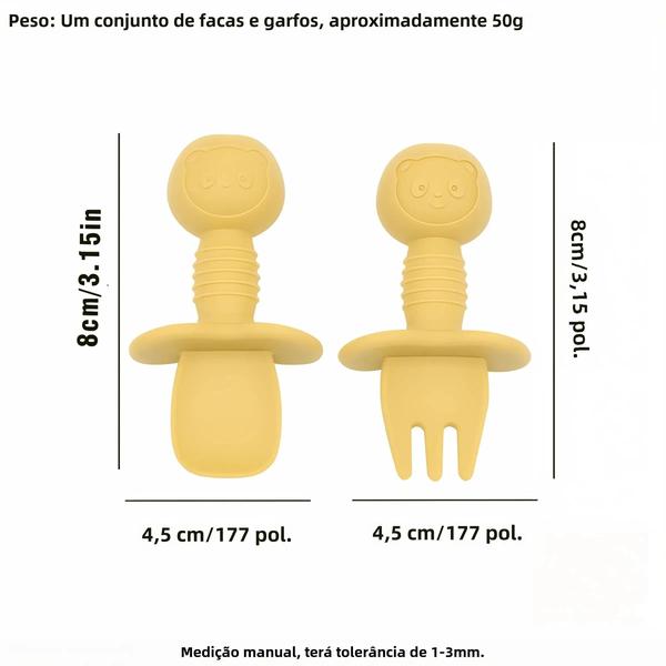 Imagem de Conjunto de Talheres de Silicone para Bebês - Garfo e Colher com Cabo de Madeira