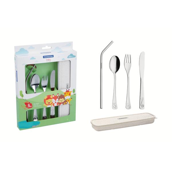 Conjunto de Talheres Infantis Tramontina em Aço Inox com Estojo 05 Peças Imagem de Conjunto de Talheres Infantis Tramontina em Aço Inox com Estojo 05 Peças