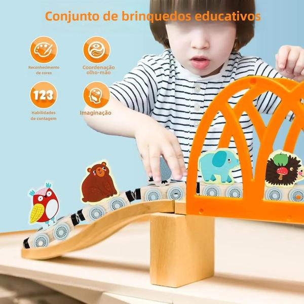 Imagem de Conjunto de Trem de Madeira Magnético Montessori - Brinquedo Educacional Infantil