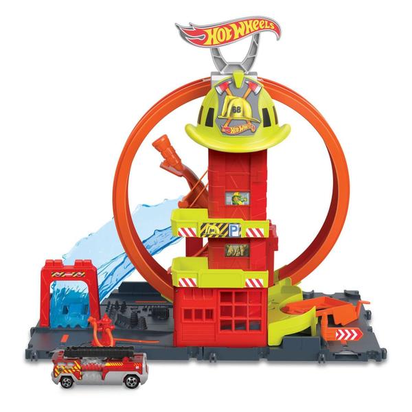 Imagem de Conjunto de trilhas para carros de brinquedo Hot Wheels City Super Loop Fire Station