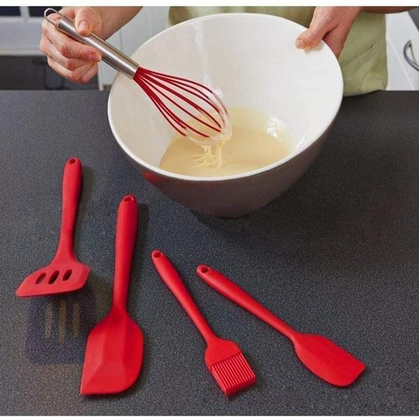 Imagem de Conjunto de utensílios de cozinha 10pcs, silicone resistente ao calor utensílios de cozinha antiaderente ferramentas de cozimento,Turner, Whisk, Colher, Escova, espátula, ladle slotted turner Tongs Pasta Fork (RED)