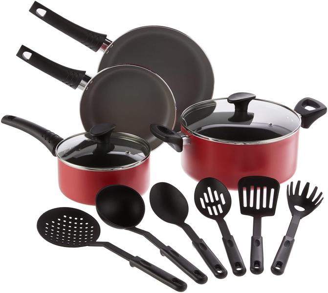 Imagem de Conjunto de utensílios de cozinha BELLA de 12 peças: panelas e frigideiras com utensílios vermelhos