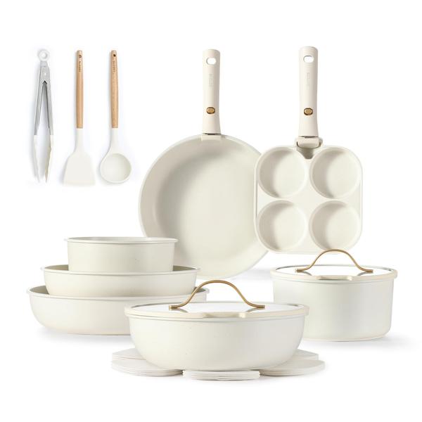 Imagem de Conjunto de utensílios de cozinha CAROTE, 19 unidades de indução antiaderente dourado e branco