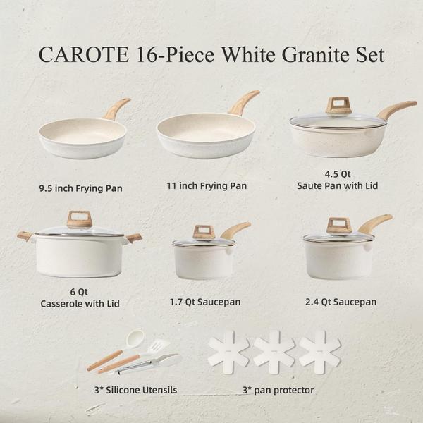 Imagem de Conjunto de utensílios de cozinha CAROTE White Granite Nonstick 16 peças