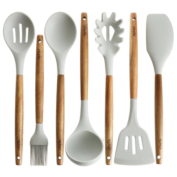 Imagem de Conjunto de utensílios de cozinha Chefa Silicone com alça de madeira de acácia