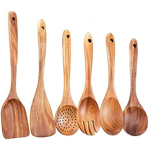 Imagem de Conjunto de utensílios de cozinha de madeira, GUDAMAYE 6 colheres de madeira PCE para cozinhar, utensílios de cozinha de madeira, colheres de madeira natural de teca para panela antiaderente