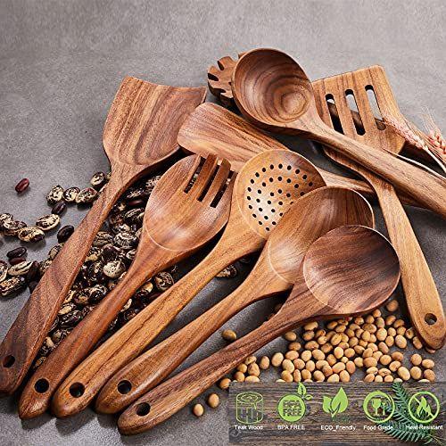 Imagem de Conjunto de utensílios de cozinha de madeira, GUDAMAYE 6 colheres de madeira PCE para cozinhar, utensílios de cozinha de madeira, colheres de madeira natural de teca para panela antiaderente