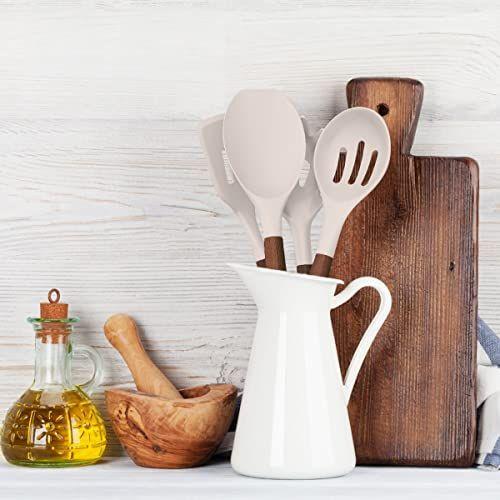 Imagem de Conjunto de utensílios de cozinha de silicone, deedro 7 peças Cozinhando utensílios definir espátula de silicone conjunto com alça de madeira acácia natural, alta resistência ao calor Gadgets Ferramentas Desequi, Cáqui