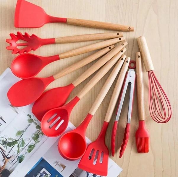 Imagem de Conjunto de utensílios de cozinha de silicone punho de madeira espátula colher de sopa escova concha pasta colander anti