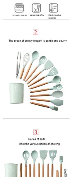 Imagem de Conjunto de utensílios de cozinha de silicone punho de madeira espátula colher de sopa escova concha pasta colander anti