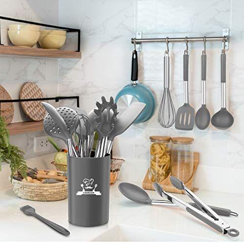 Imagem de Conjunto de utensílios de cozinha de silicone, utensílios de cozinha de 14pcs Definir panela resistente ao calor antiaderente de cobre ferramentas de cozimento de aço inoxidável Turner Tongs Spatula Spoon - BPA Free, Non Toxic