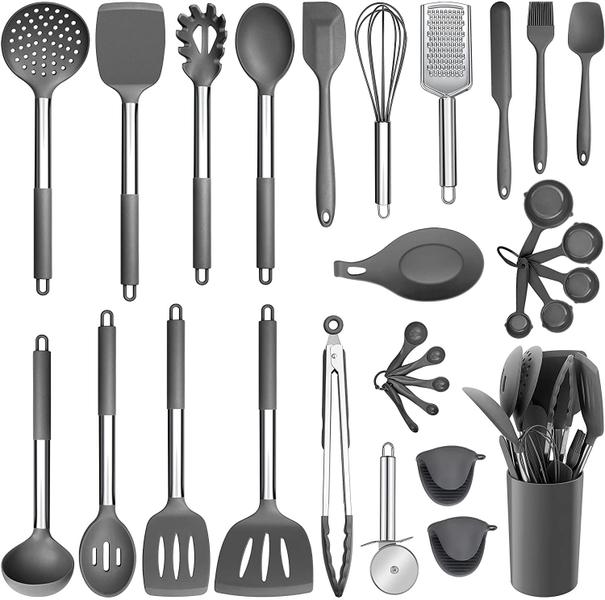 Imagem de Conjunto de utensílios de cozinha de silicone, utensílios de cozinha e-far 30 peças conjunto com suporte, espátulas de cozinha resistentes ao calor Turner Tong Spoon Concha para Panela Antiaderente, Alça de Aço Inoxidável (Cinza)