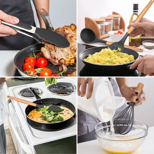 Imagem de Conjunto de Utensílios de Cozinha E-far - 12 Peças de Silicone com Suporte Cinza