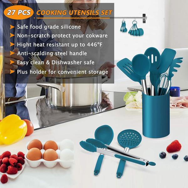 Imagem de Conjunto de utensílios de cozinha LIANYU 27 PCS com suporte azul silicone