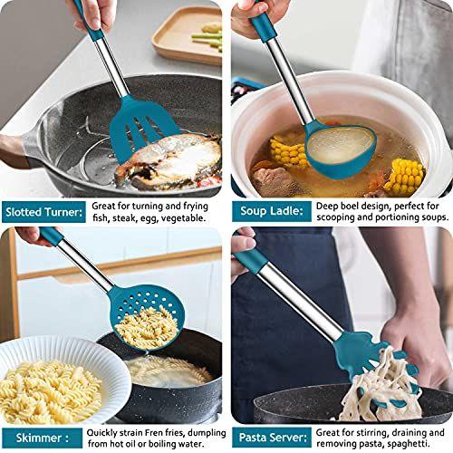 Imagem de Conjunto de utensílios de cozinha LIANYU 27 PCS com suporte, utensílios de cozinha de silicone Conjunto espátula com alça de aço inoxidável, ferramentas de gadgets de cozinha de cozinha para conjunto de panelas antiaderente, resistente ao calor, azu