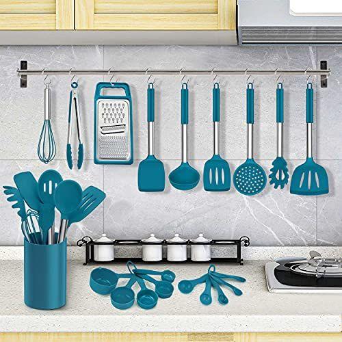 Imagem de Conjunto de utensílios de cozinha LIANYU 27 PCS com suporte, utensílios de cozinha de silicone Conjunto espátula com alça de aço inoxidável, ferramentas de gadgets de cozinha de cozinha para conjunto de panelas antiaderente, resistente ao calor, azu