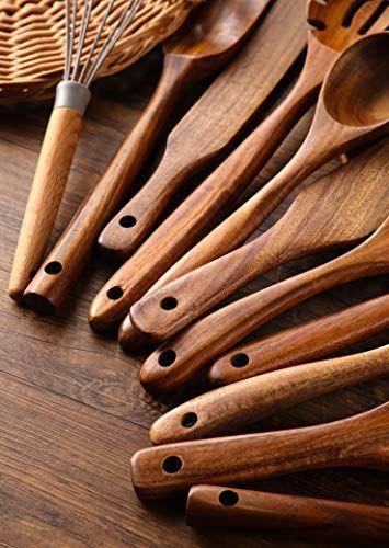 Imagem de Conjunto de utensílios de cozinha, NAYAHOSE 11pcs utensílios de cozinha madeira colheres de madeira spatula kit não stick zero cozinha natural ferramentas de cozinha panela durável teak premium