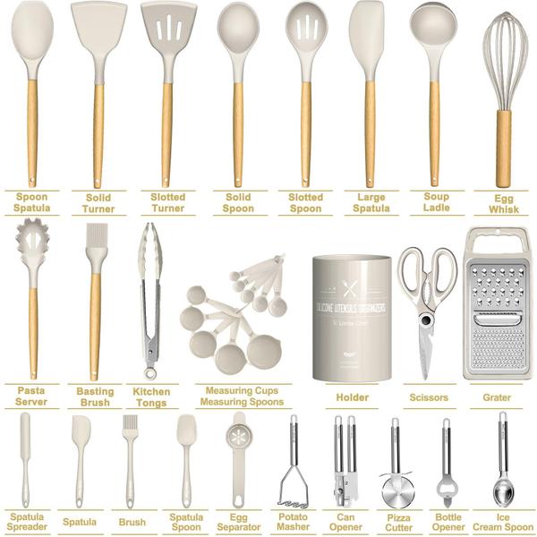 Imagem de Conjunto de utensílios de cozinha Umite Chef Khaki Silicone 34 unidades com suporte