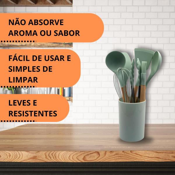 Imagem de Conjunto de Utensílios de Silicone com Cabo de Madeira - 8 Peças Verde Claro