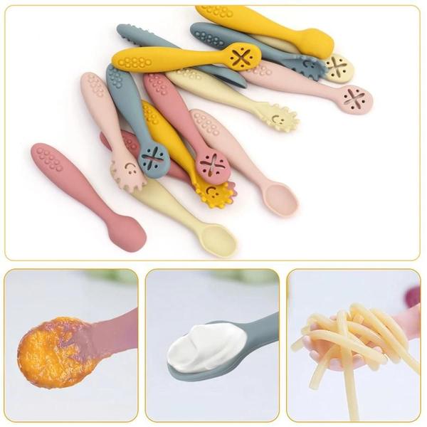 Imagem de Conjunto de Utensílios de Silicone para Bebês - 3 Peças (Colher, Garfo) - Ideal para Treinamento Alimentar