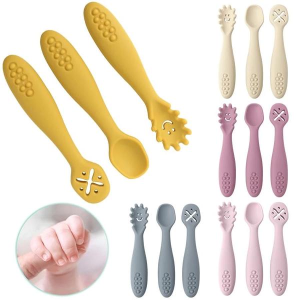 Imagem de Conjunto de Utensílios de Silicone para Bebês - 3 Peças (Colher, Garfo) - Ideal para Treinamento Alimentar