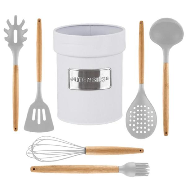 Imagem de Conjunto De Utensílios Off-White De Silicone Cabo Em Bambu 7 Peças - Yoi