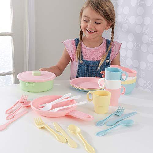 Imagem de Conjunto de utensílios pastéis kidkraft 27 peças, pratos plásticos e utensílios para cozinhas para brincar, presente para idades 18 mo+