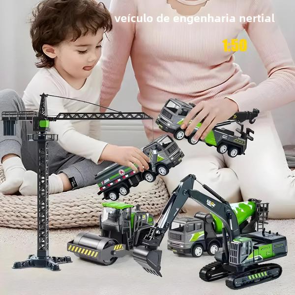 Conjunto de Veículos de Engenharia Fundidos para Meninos - Escavadeira, Caminhão e Retroescavadeira Imagem de Conjunto de Veículos de Engenharia Fundidos para Meninos - Escavadeira, Caminhão e Retroescavadeira