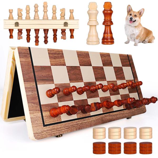 Imagem de Conjunto de xadrez Demiwise Magnetic Wooden 2 em 1 com jogo de damas