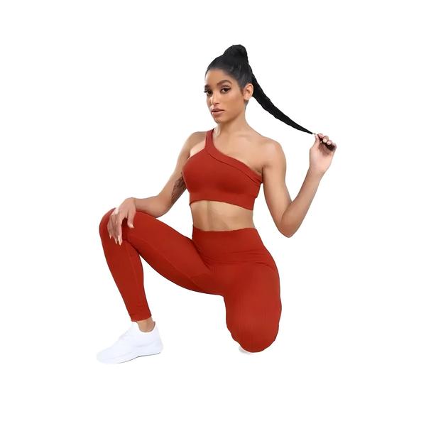 Imagem de Conjunto De Yoga Com Nervuras Sem Costura Feminino Roupa De Fitness Correndo Sutiã Treino Leggings