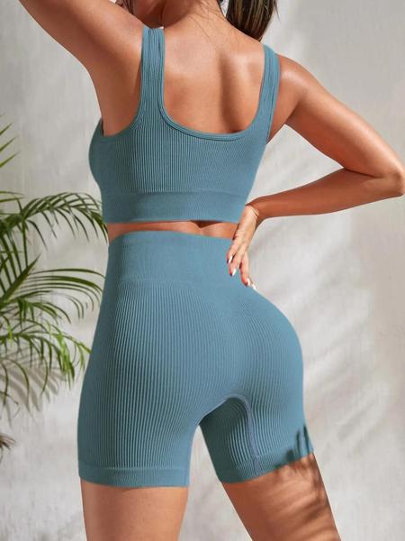 Imagem de Conjunto de Yoga Feminino Sem Costura - 2 Peças com Shorts de Cintura Alta